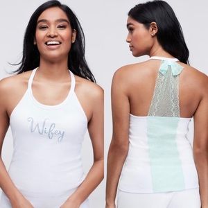3/$20 Betsey Johnson White Wifey Bridal Newlywed Racerback Blue Lace Tank Top Sm